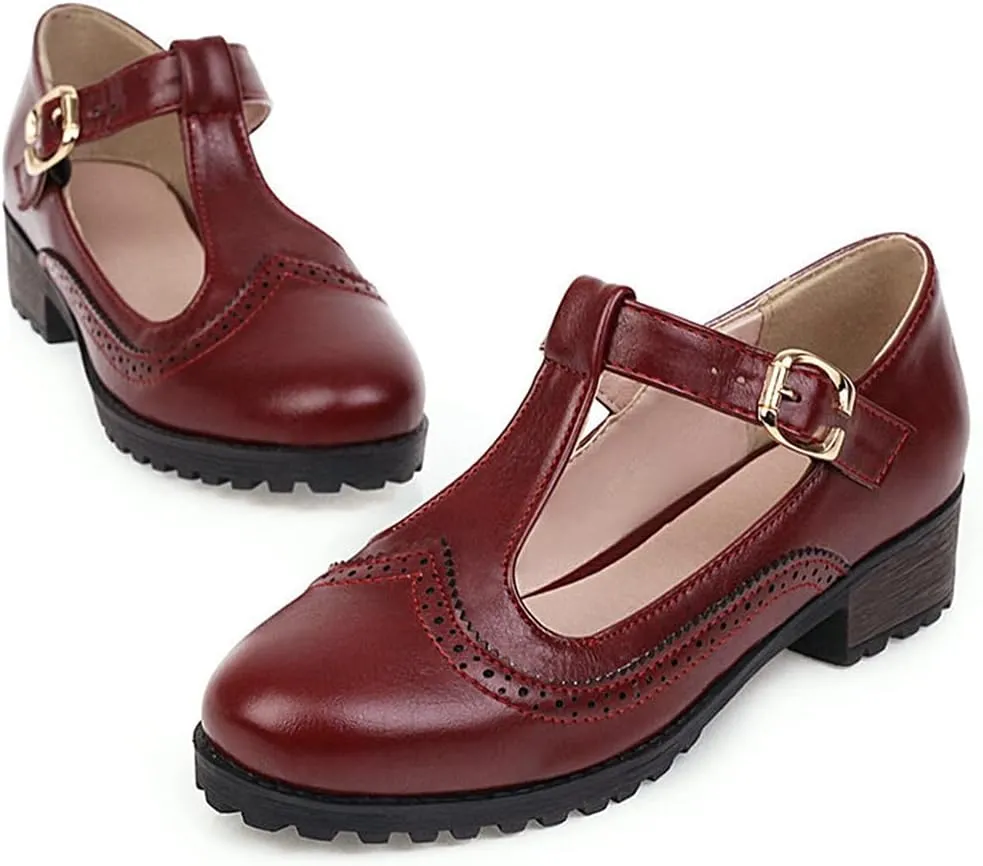 MIOKE Women's Round Toe Platform T-Strap Oxford Pumps Chunky Mid Heel Vintage Brogue Mary Jane Dress Shoes