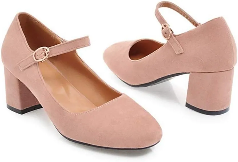 MIOKE Women's Square Toe Mary Jane Pumps Suede Buckle Strap Slip On Chunky Block Mid Heel Retro Dress Shoes