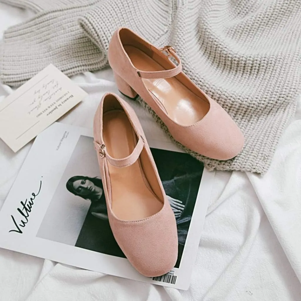 MIOKE Women's Square Toe Mary Jane Pumps Suede Buckle Strap Slip On Chunky Block Mid Heel Retro Dress Shoes