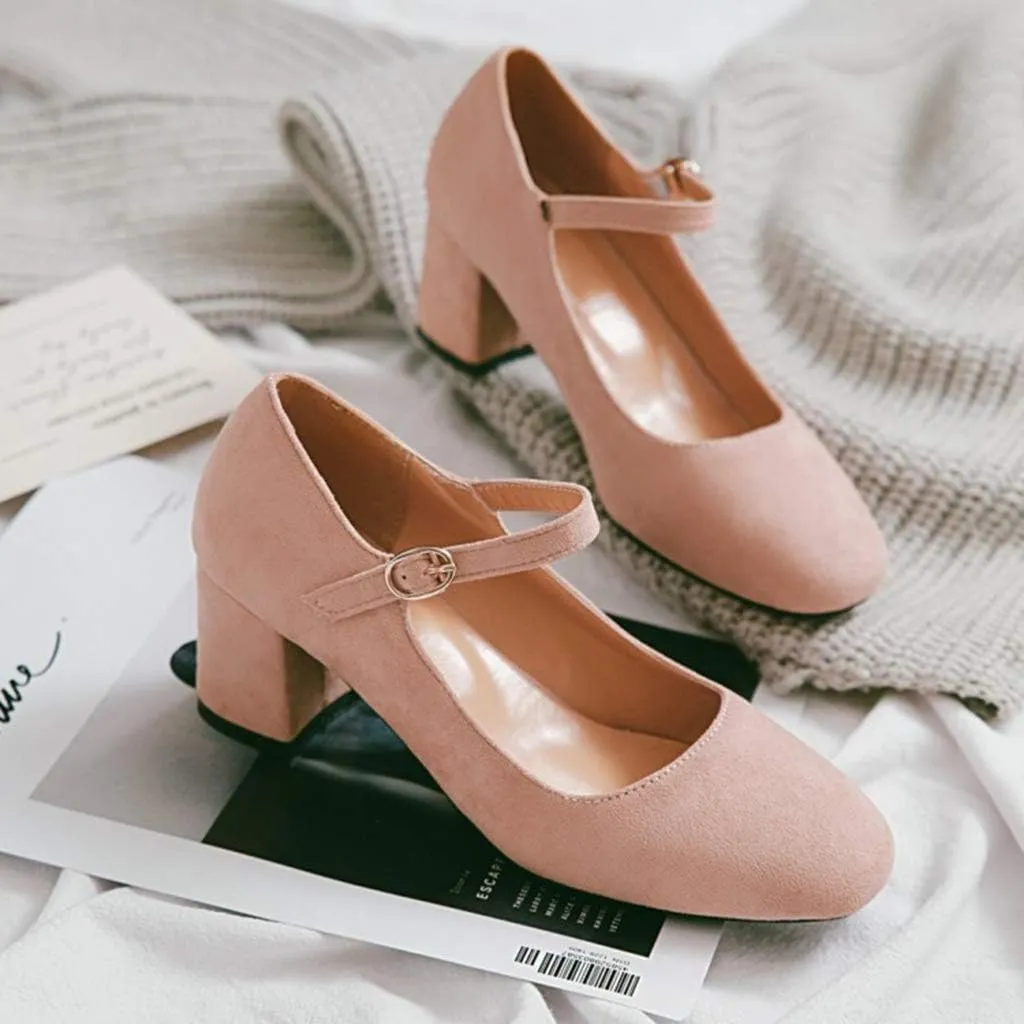 MIOKE Women's Square Toe Mary Jane Pumps Suede Buckle Strap Slip On Chunky Block Mid Heel Retro Dress Shoes