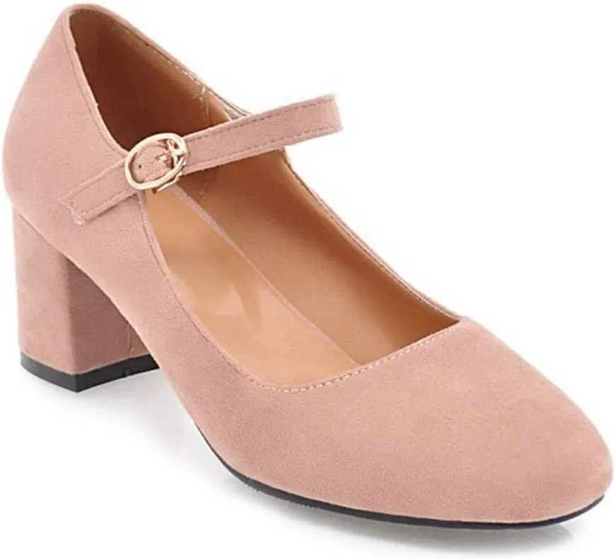 MIOKE Women's Square Toe Mary Jane Pumps Suede Buckle Strap Slip On Chunky Block Mid Heel Retro Dress Shoes