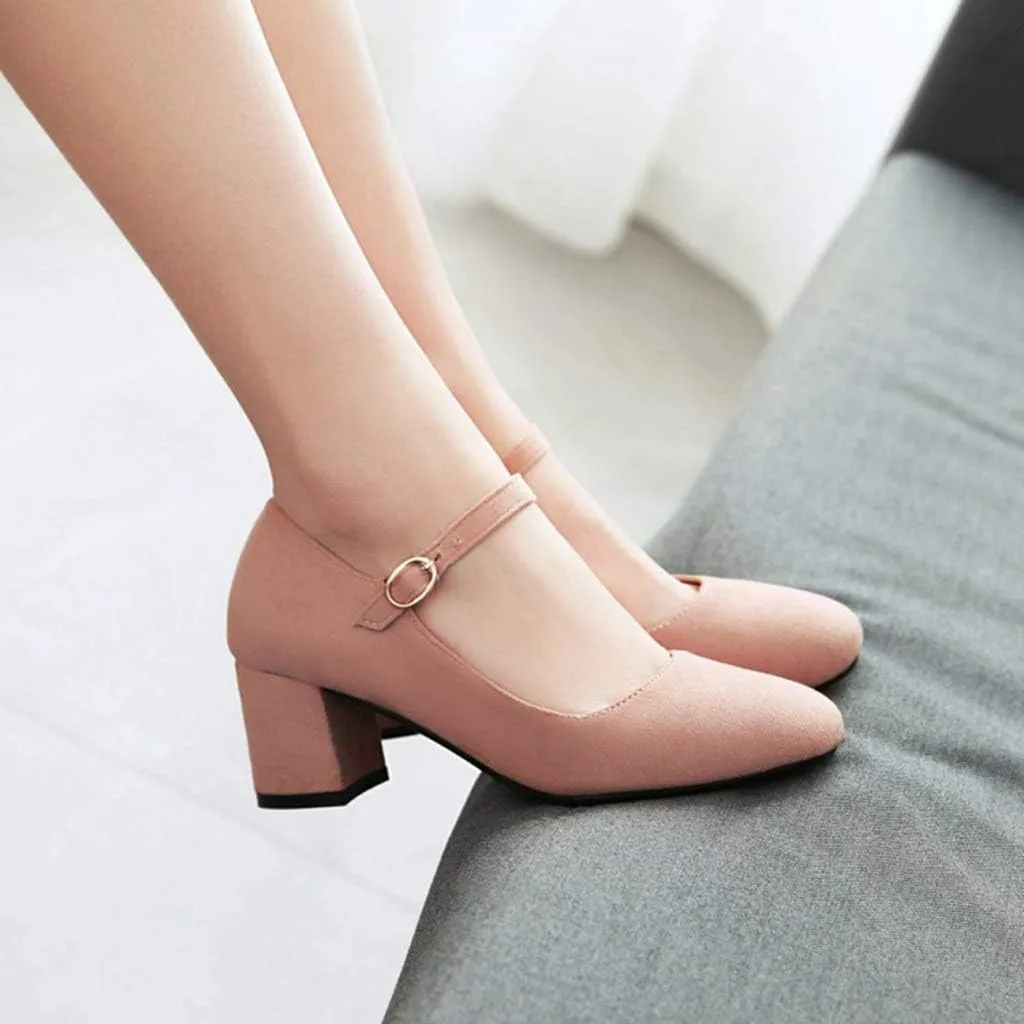 MIOKE Women's Square Toe Mary Jane Pumps Suede Buckle Strap Slip On Chunky Block Mid Heel Retro Dress Shoes