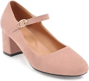 MIOKE Women's Square Toe Mary Jane Pumps Suede Buckle Strap Slip On Chunky Block Mid Heel Retro Dress Shoes