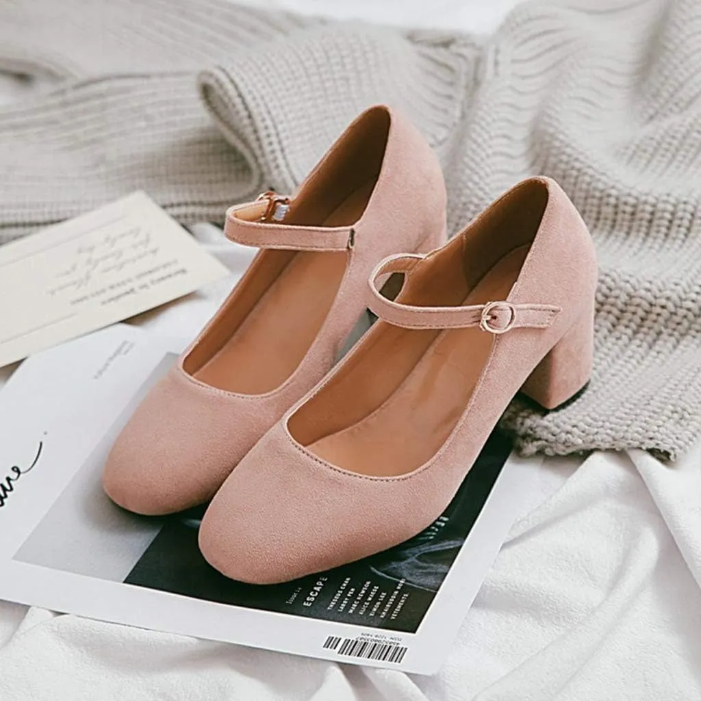 MIOKE Women's Square Toe Mary Jane Pumps Suede Buckle Strap Slip On Chunky Block Mid Heel Retro Dress Shoes