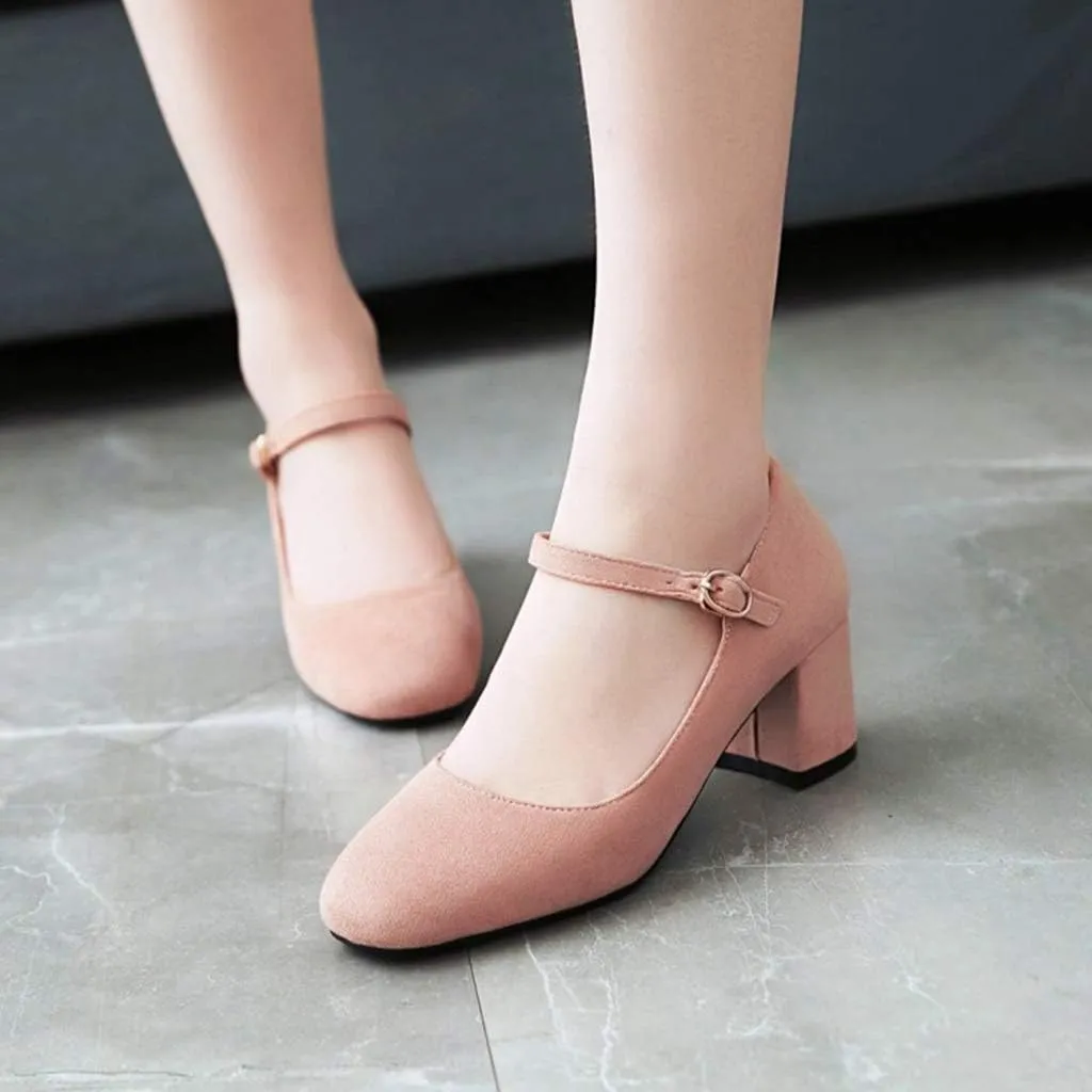 MIOKE Women's Square Toe Mary Jane Pumps Suede Buckle Strap Slip On Chunky Block Mid Heel Retro Dress Shoes