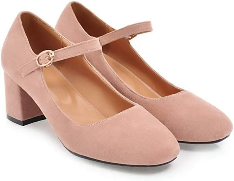 MIOKE Women's Square Toe Mary Jane Pumps Suede Buckle Strap Slip On Chunky Block Mid Heel Retro Dress Shoes