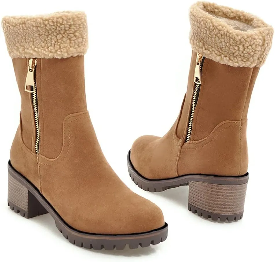 MIOKE Women's Winter Warm Fur Ankle Boots Buckle Platform Chunky Stacked Mid Heel Dressy Snow Short Booties