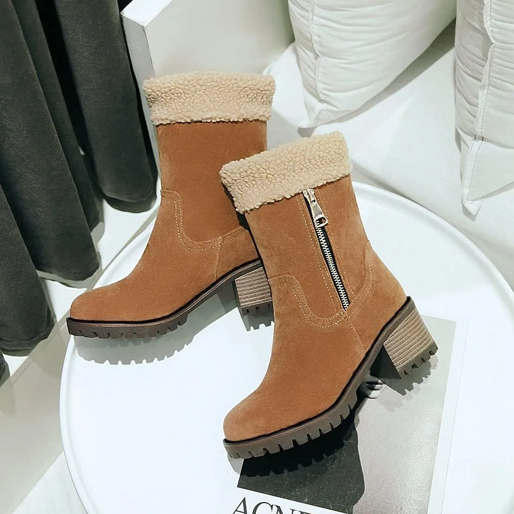 MIOKE Women's Winter Warm Fur Ankle Boots Buckle Platform Chunky Stacked Mid Heel Dressy Snow Short Booties