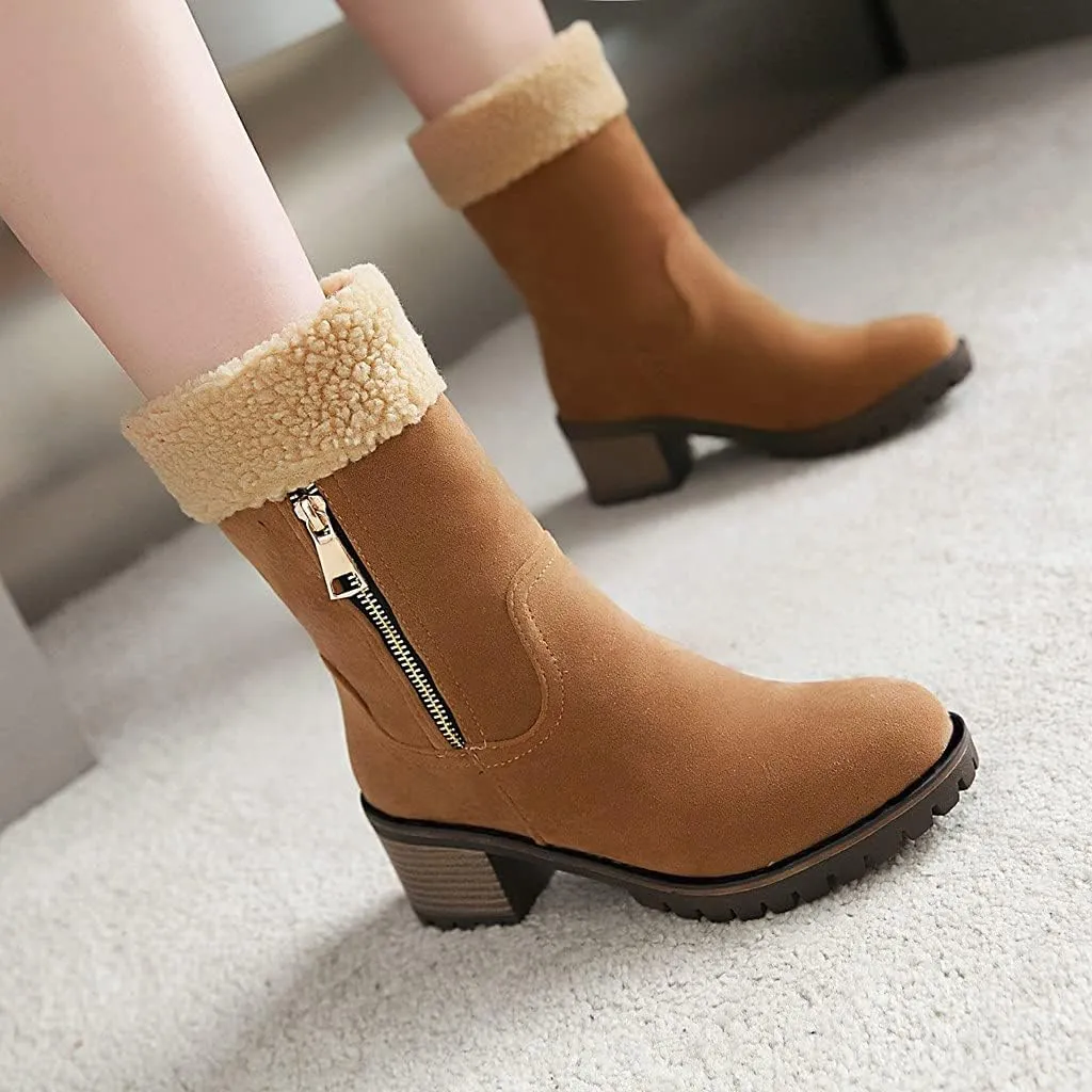 MIOKE Women's Winter Warm Fur Ankle Boots Buckle Platform Chunky Stacked Mid Heel Dressy Snow Short Booties
