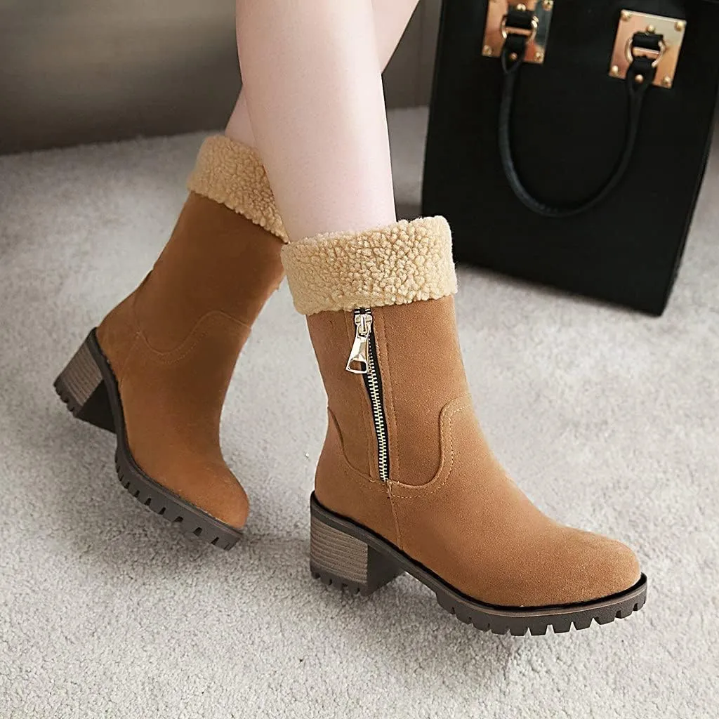 MIOKE Women's Winter Warm Fur Ankle Boots Buckle Platform Chunky Stacked Mid Heel Dressy Snow Short Booties