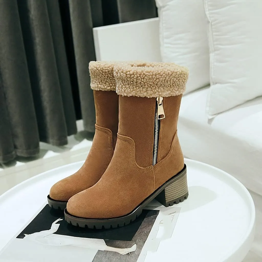 MIOKE Women's Winter Warm Fur Ankle Boots Buckle Platform Chunky Stacked Mid Heel Dressy Snow Short Booties
