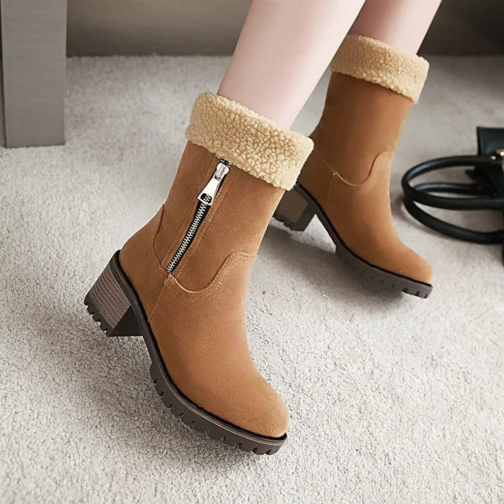 MIOKE Women's Winter Warm Fur Ankle Boots Buckle Platform Chunky Stacked Mid Heel Dressy Snow Short Booties