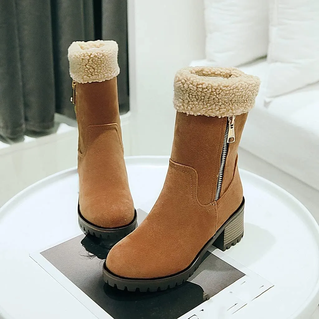 MIOKE Women's Winter Warm Fur Ankle Boots Buckle Platform Chunky Stacked Mid Heel Dressy Snow Short Booties