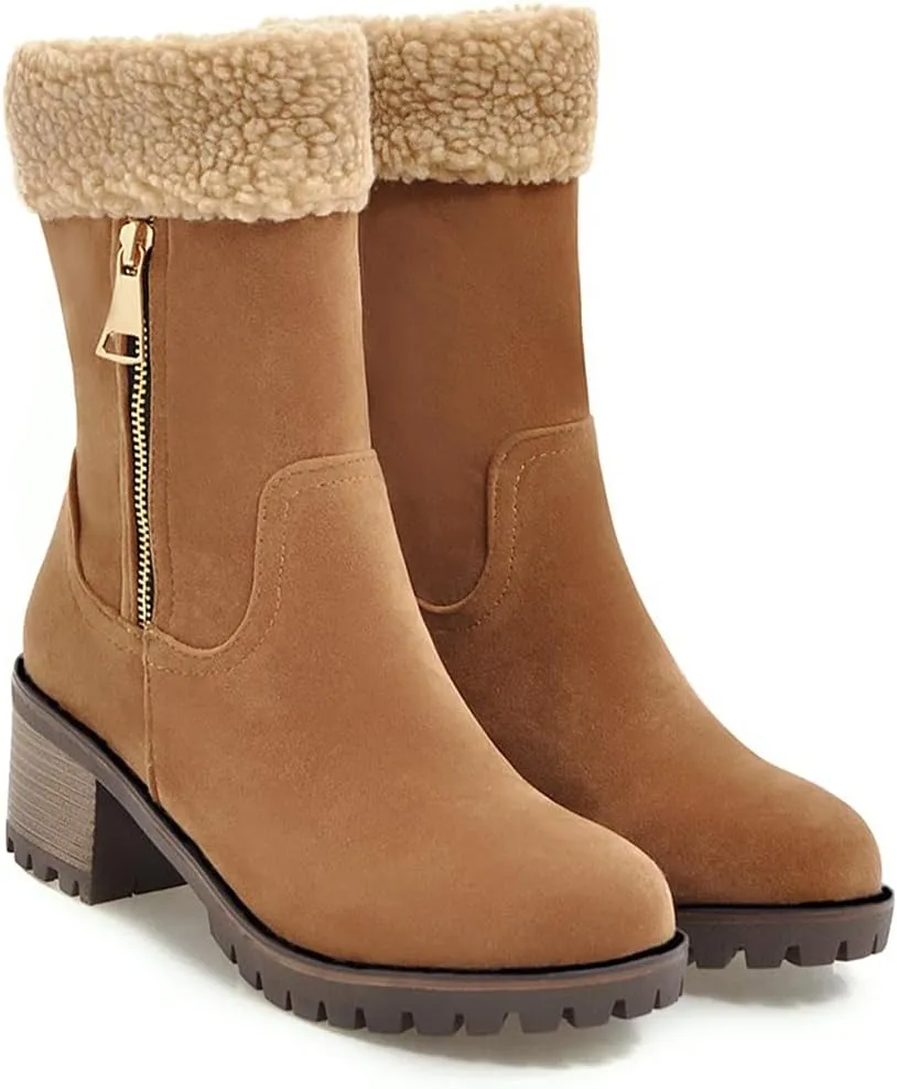 MIOKE Women's Winter Warm Fur Ankle Boots Buckle Platform Chunky Stacked Mid Heel Dressy Snow Short Booties
