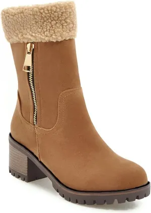 MIOKE Women's Winter Warm Fur Ankle Boots Buckle Platform Chunky Stacked Mid Heel Dressy Snow Short Booties