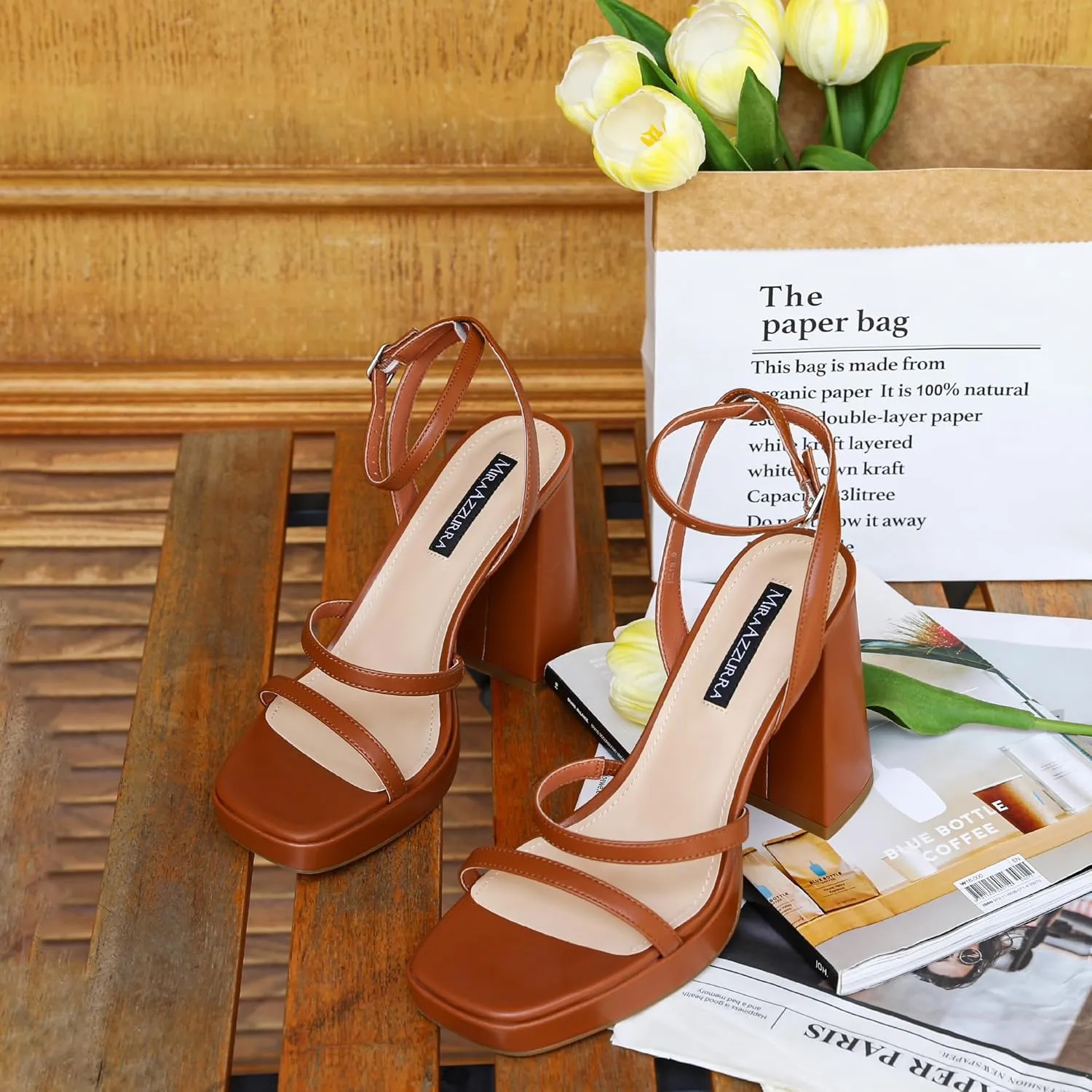 MIRAAZZURRA Platform Strappy Heel Sandals Square Open Toe Two Strap Chunky High Heeled Sandals with Buckle Ankle Strap for Women Party Wedding Dress