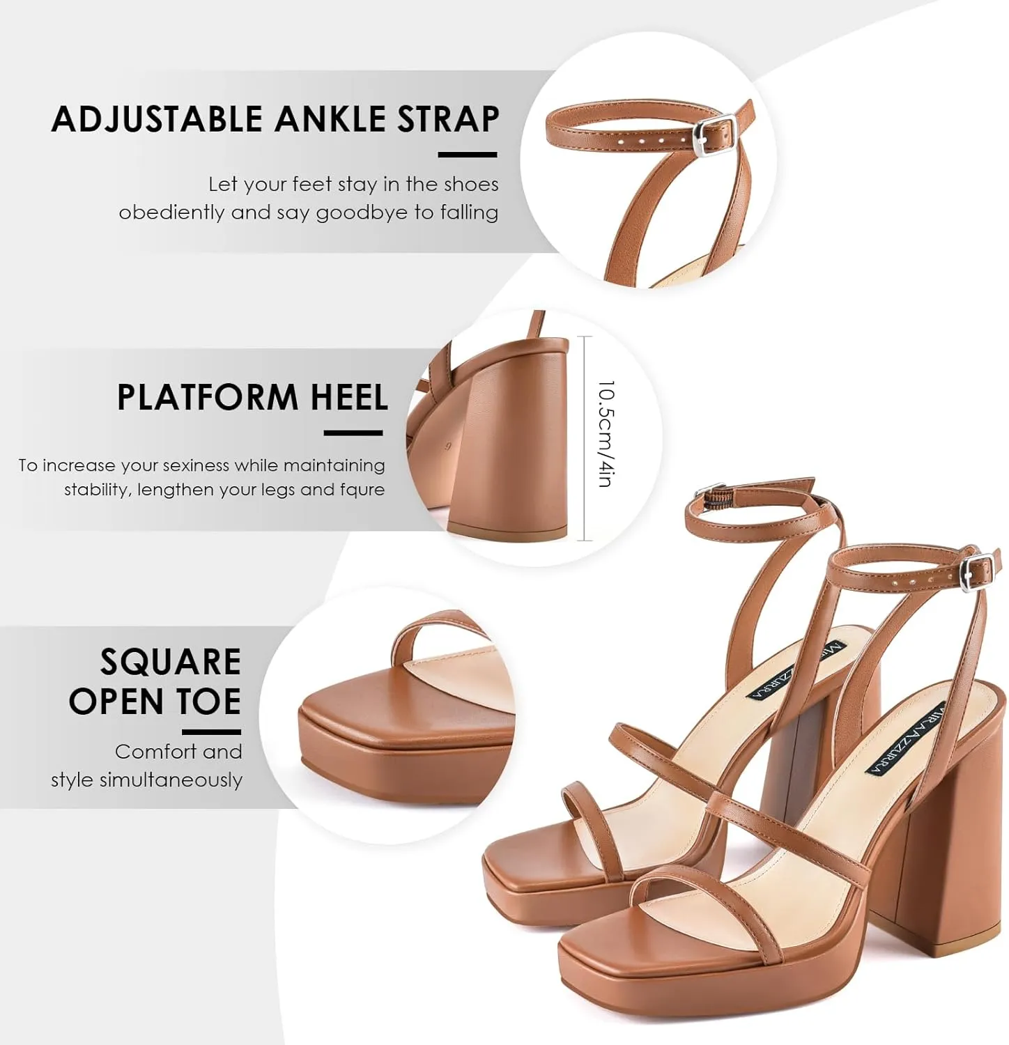 MIRAAZZURRA Platform Strappy Heel Sandals Square Open Toe Two Strap Chunky High Heeled Sandals with Buckle Ankle Strap for Women Party Wedding Dress