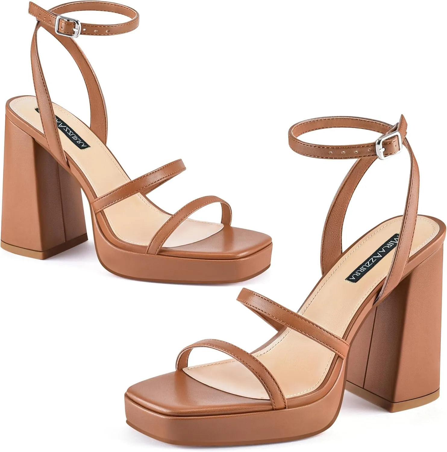 MIRAAZZURRA Platform Strappy Heel Sandals Square Open Toe Two Strap Chunky High Heeled Sandals with Buckle Ankle Strap for Women Party Wedding Dress