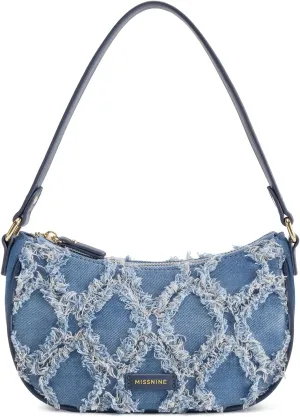 Missnine Fringe Denim Purse Hobo Handbag for Women Jean Purse Clutch Crescent Shoulder Bags Distressed Mini Tote Bag Blue