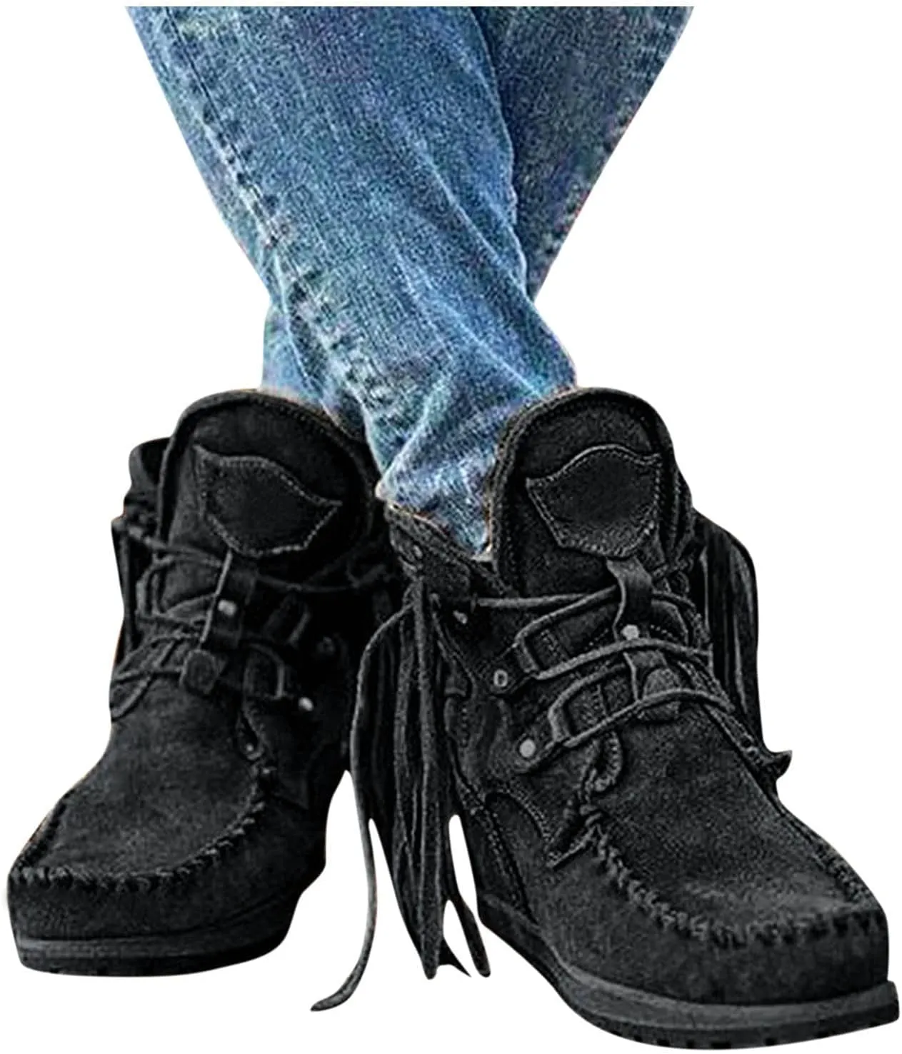 Moccasin Boots For Women Suede Fringe Boots Ankle Cowboy Boots Flat Tassel Boots Short Western Boots Ankle Booties