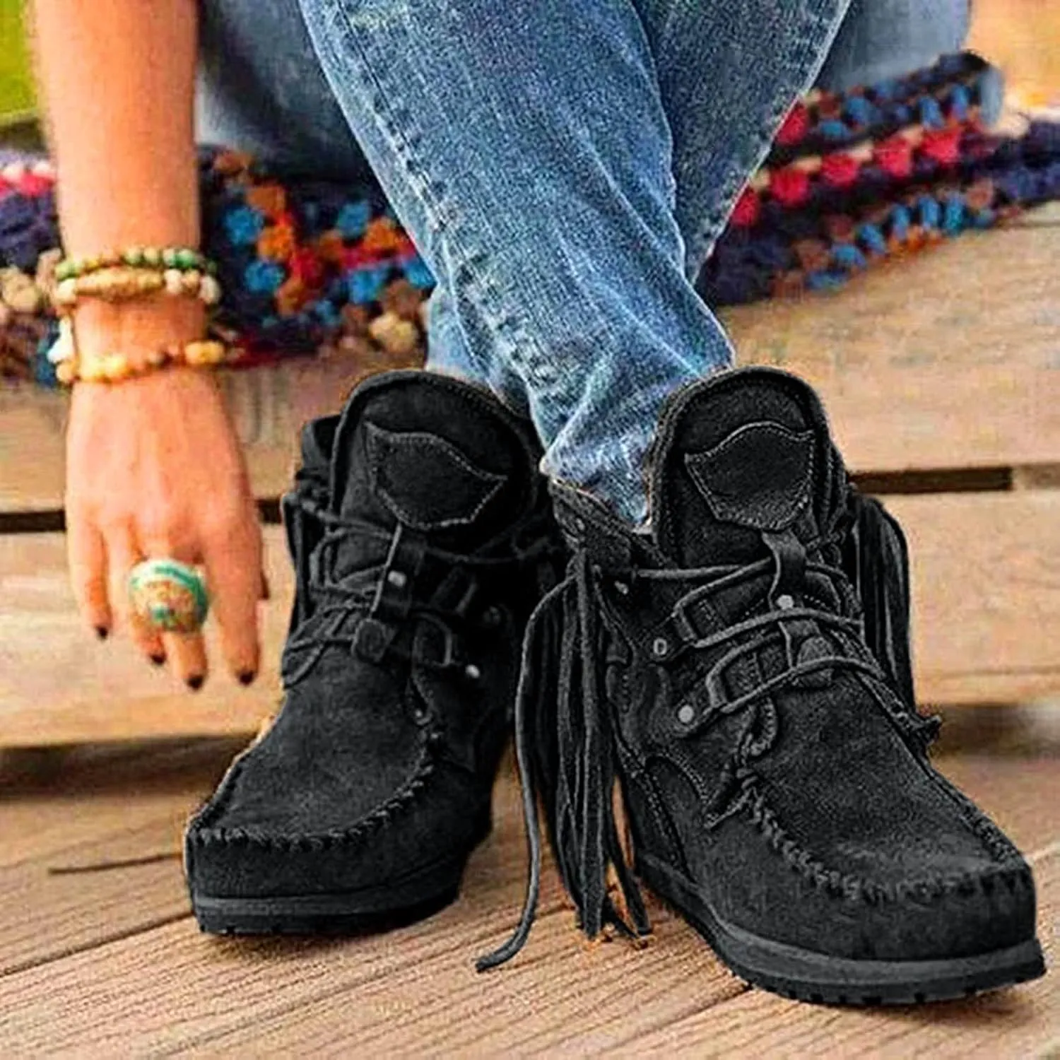 Moccasin Boots For Women Suede Fringe Boots Ankle Cowboy Boots Flat Tassel Boots Short Western Boots Ankle Booties