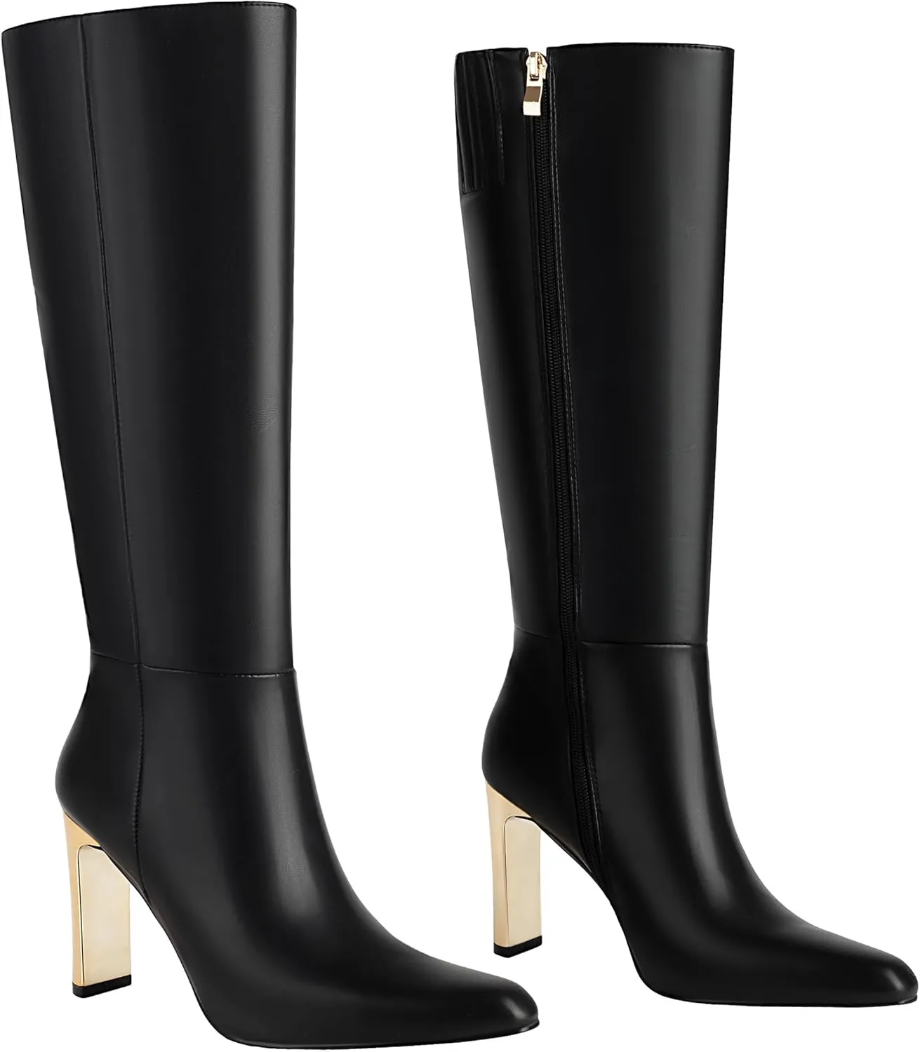 Mofirdast Black Knee High Boots With Pointed Toe Block Heel and Side Zip Heeled Boots,Classic and Sexy
