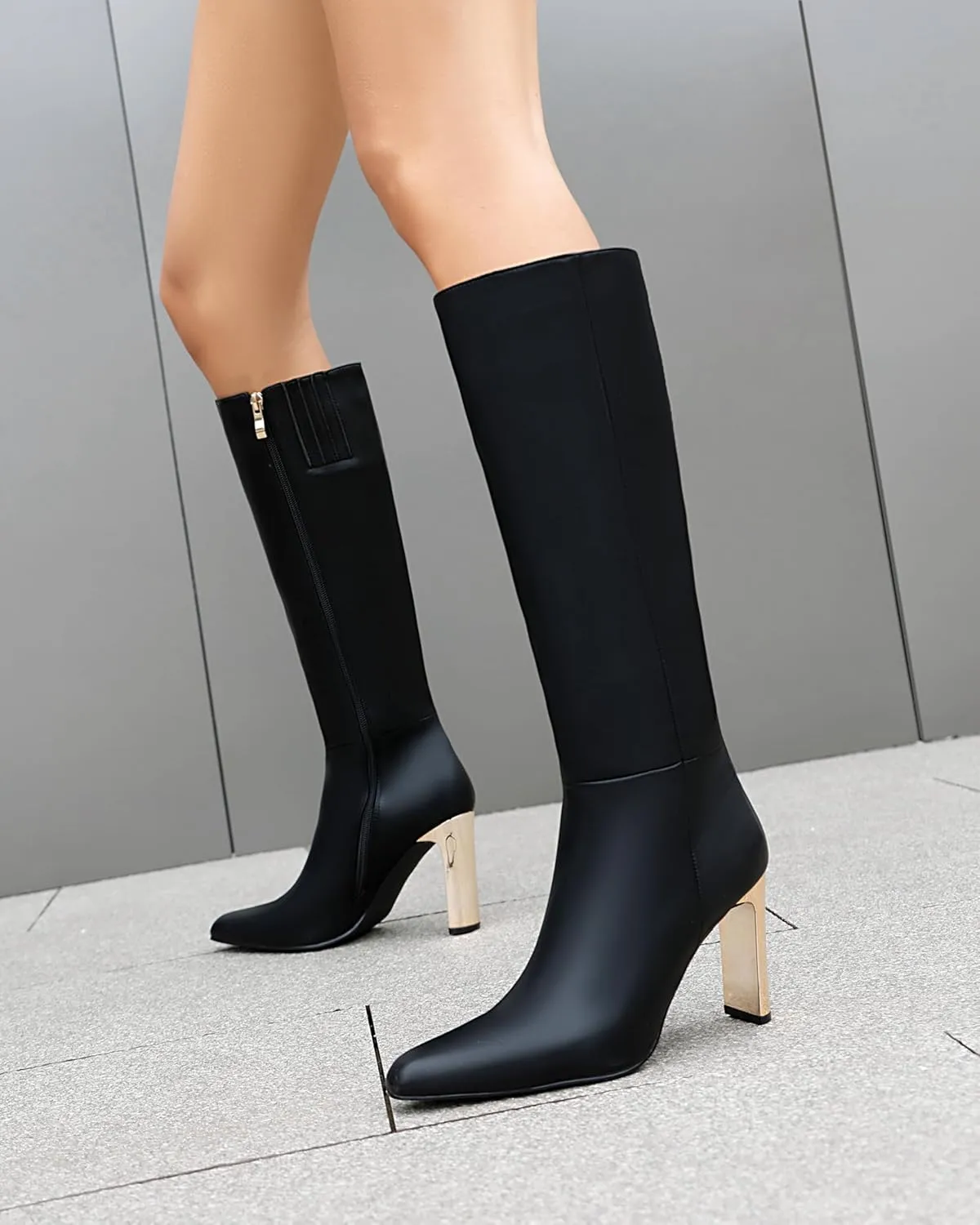 Mofirdast Black Knee High Boots With Pointed Toe Block Heel and Side Zip Heeled Boots,Classic and Sexy