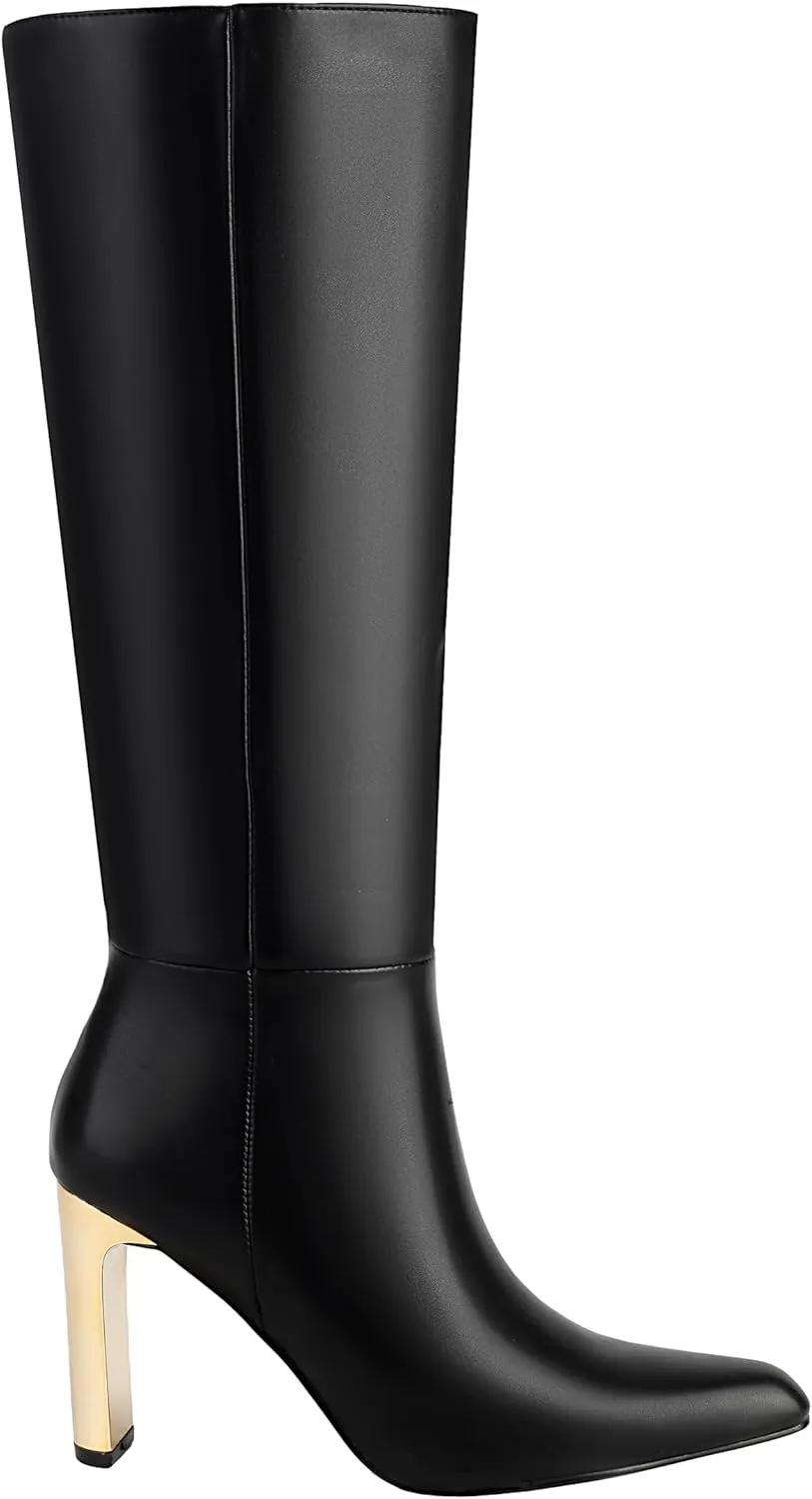Mofirdast Black Knee High Boots With Pointed Toe Block Heel and Side Zip Heeled Boots,Classic and Sexy