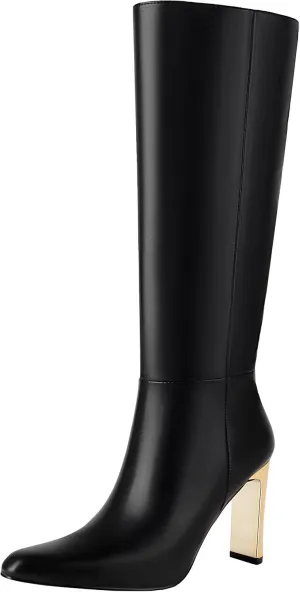 Mofirdast Black Knee High Boots With Pointed Toe Block Heel and Side Zip Heeled Boots,Classic and Sexy
