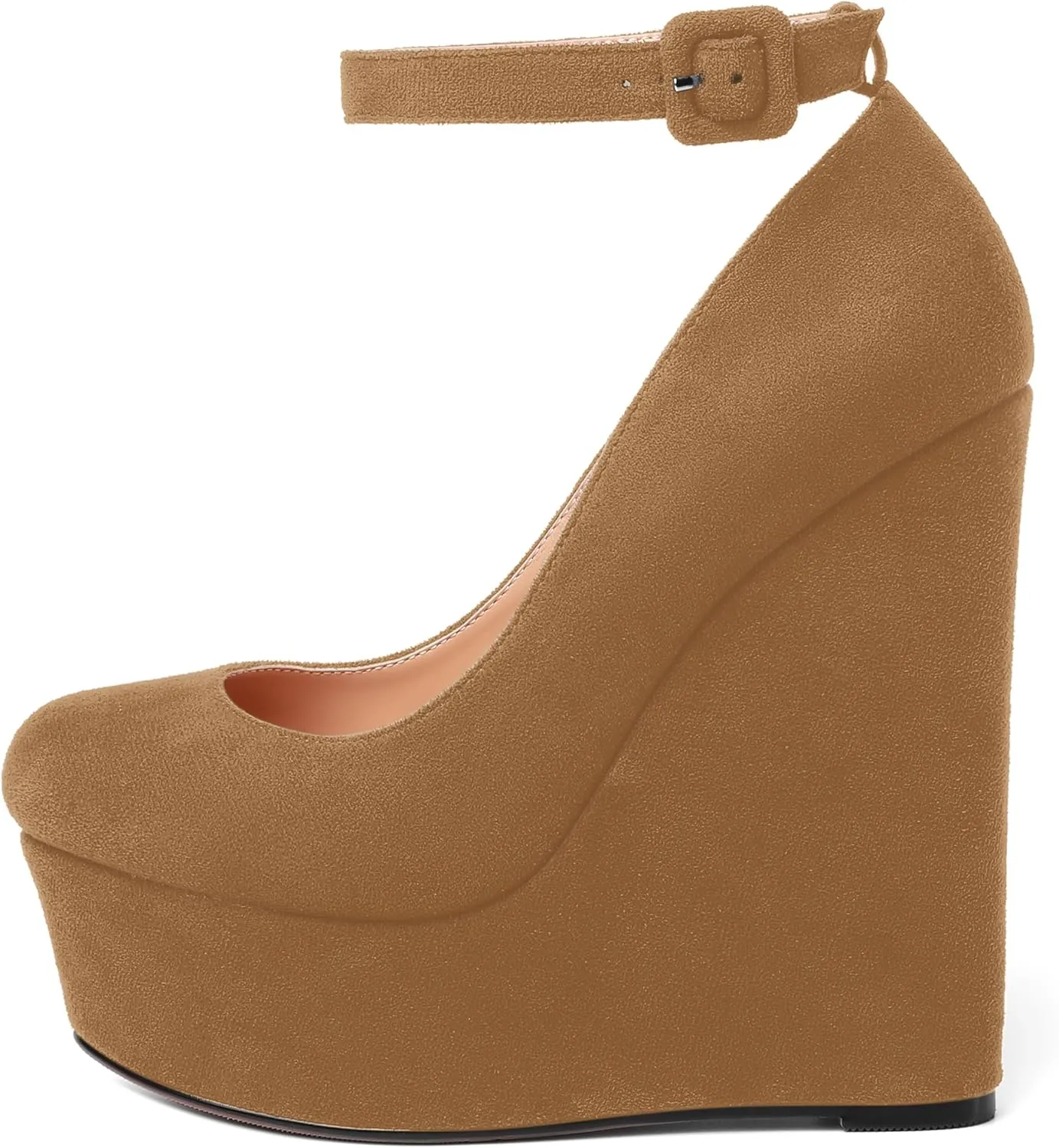 MOVINSTEPS Womens Buckle Fashion Ankle Strap Platform Solid Party Round Toe Suede Wedge High Heel Pumps Shoes 6 Inch
