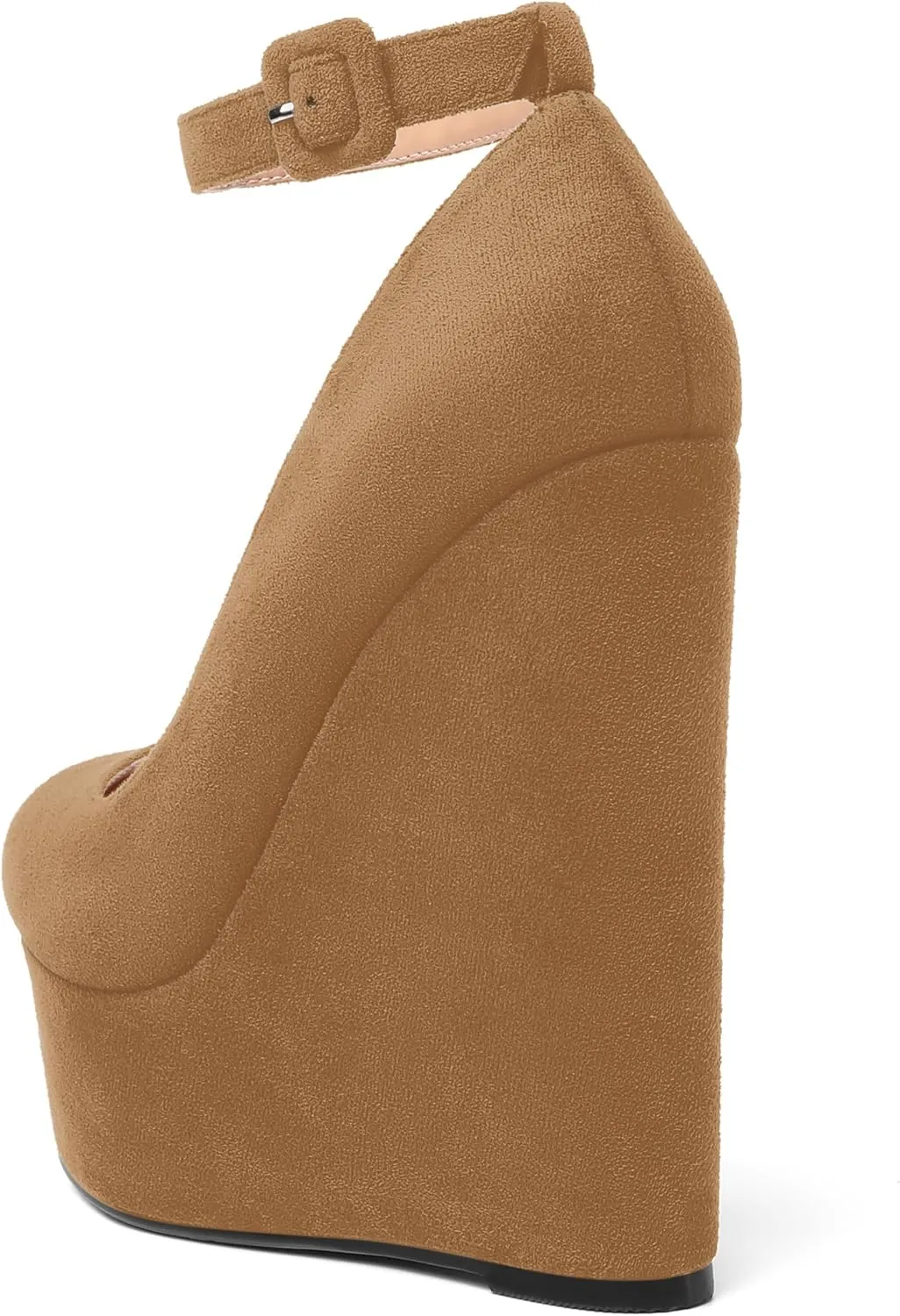 MOVINSTEPS Womens Buckle Fashion Ankle Strap Platform Solid Party Round Toe Suede Wedge High Heel Pumps Shoes 6 Inch
