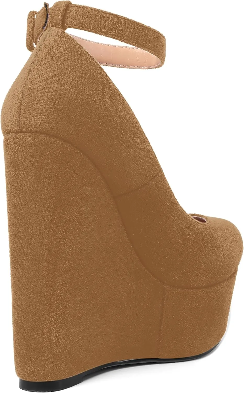 MOVINSTEPS Womens Buckle Fashion Ankle Strap Platform Solid Party Round Toe Suede Wedge High Heel Pumps Shoes 6 Inch