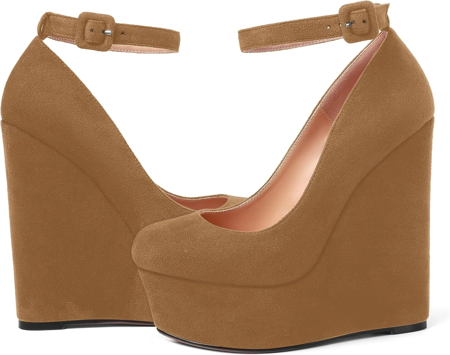 MOVINSTEPS Womens Buckle Fashion Ankle Strap Platform Solid Party Round Toe Suede Wedge High Heel Pumps Shoes 6 Inch