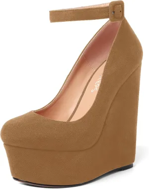 MOVINSTEPS Womens Buckle Fashion Ankle Strap Platform Solid Party Round Toe Suede Wedge High Heel Pumps Shoes 6 Inch