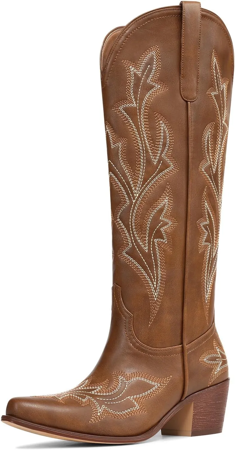 MUCCCUTE Cowboy Boots for Women Western Cowgirl Boots Knee High Pointed Toe Chunky Heels Embroidered Pull On Country Tall Boots