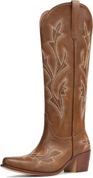 MUCCCUTE Cowboy Boots for Women Western Cowgirl Boots Knee High Pointed Toe Chunky Heels Embroidered Pull On Country Tall Boots