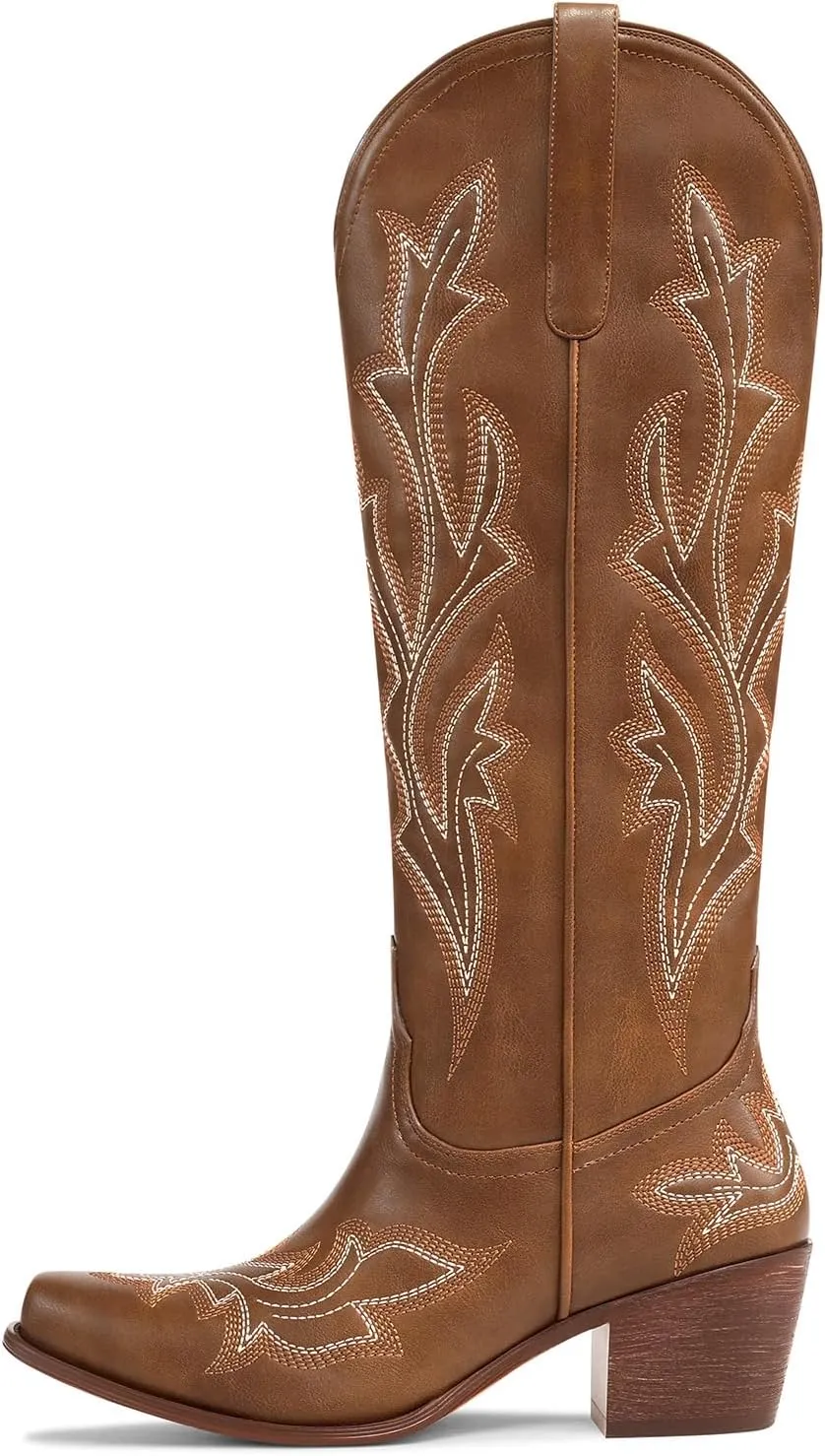 MUCCCUTE Cowboy Boots for Women Western Cowgirl Boots Knee High Pointed Toe Chunky Heels Embroidered Pull On Country Tall Boots