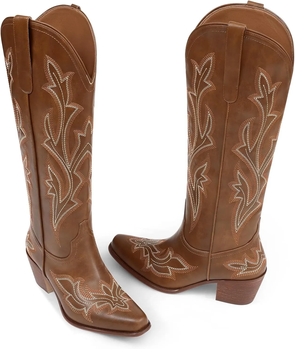 MUCCCUTE Cowboy Boots for Women Western Cowgirl Boots Knee High Pointed Toe Chunky Heels Embroidered Pull On Country Tall Boots