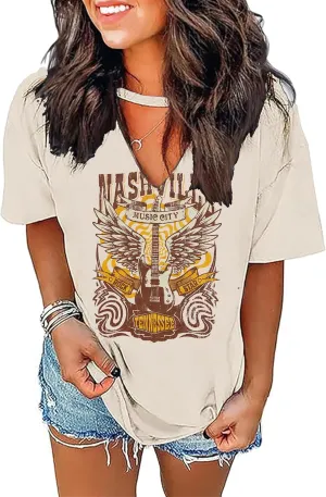 Music Band Shirt Women Vintage Country Music T-Shirt Funny Skull Graphic Tee Sexy V Neck Rocker Party Shirt Top