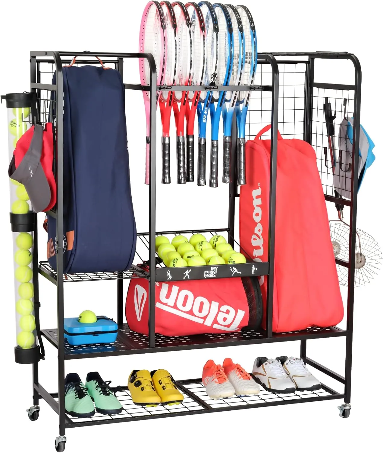 Mythinglogic Tennis Bag Storage Rack, Tennis Racket and Tennis Ball Organizer, Tennis Equipment Holder for Garage, Tennis Club or School
