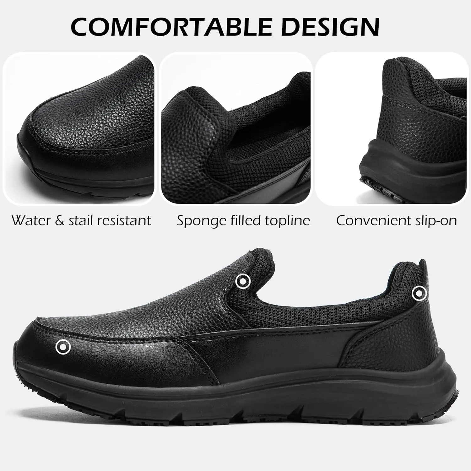 NAVEKULL Men's Non Slip Food Service Shoes Water Resistant Kitchen Restaurant Chef Slip Resistant Work Shoes Black Leather