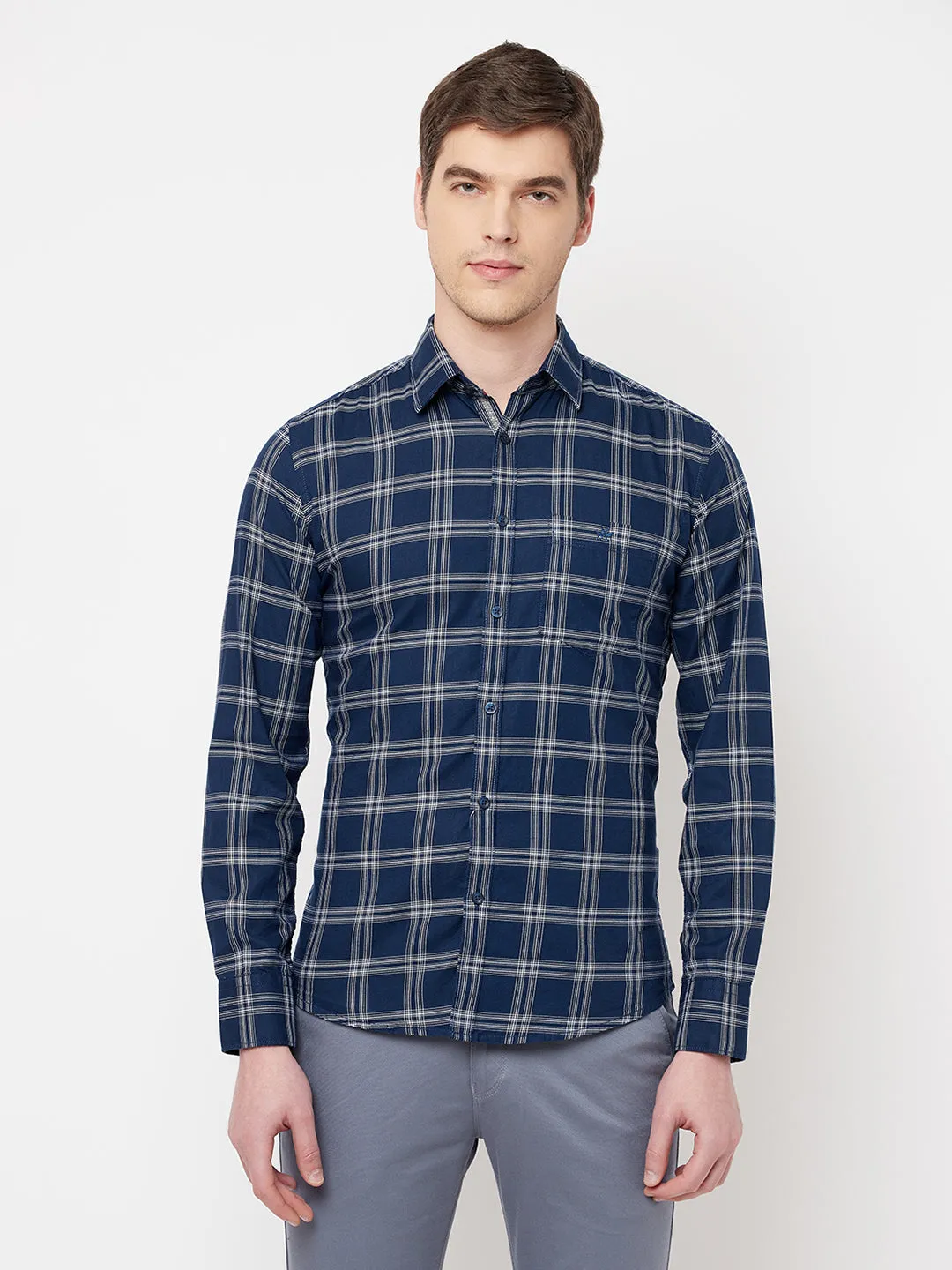 Navy Blue Checked Casual Shirt