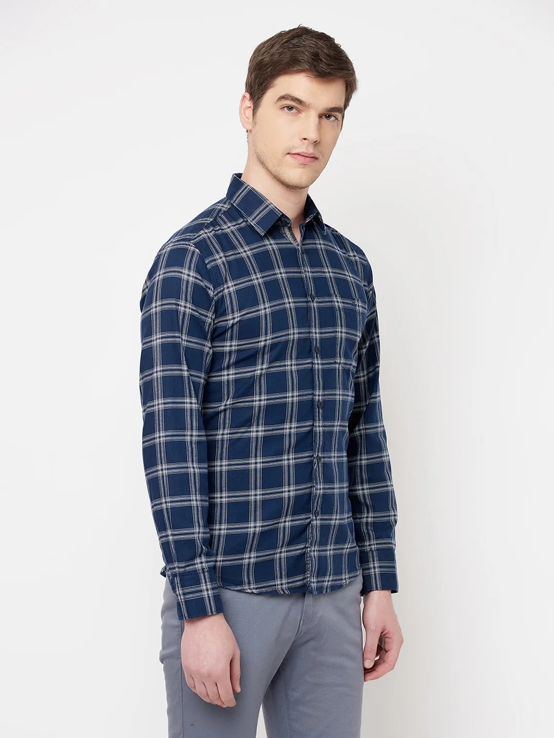 Navy Blue Checked Casual Shirt
