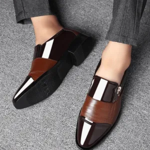 New Men's Formal Oxford Shoes with Zipper, Non-Slip, Low Top Block Heel, Round Toe, PU Leather Wedding Slip-On Dress Shoes