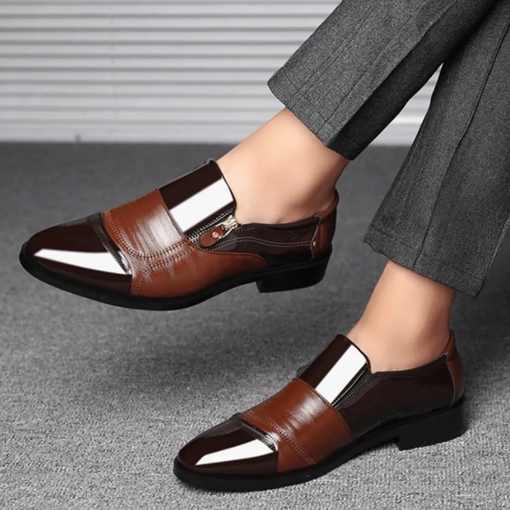 New Men's Formal Oxford Shoes with Zipper, Non-Slip, Low Top Block Heel, Round Toe, PU Leather Wedding Slip-On Dress Shoes