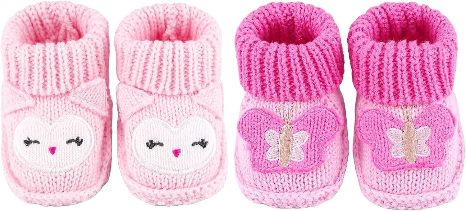 Newborn Knit Booties Soft Baby Sock Boots for Infant Boys Girls First Walkers 2 Pairs, 0-3 Months