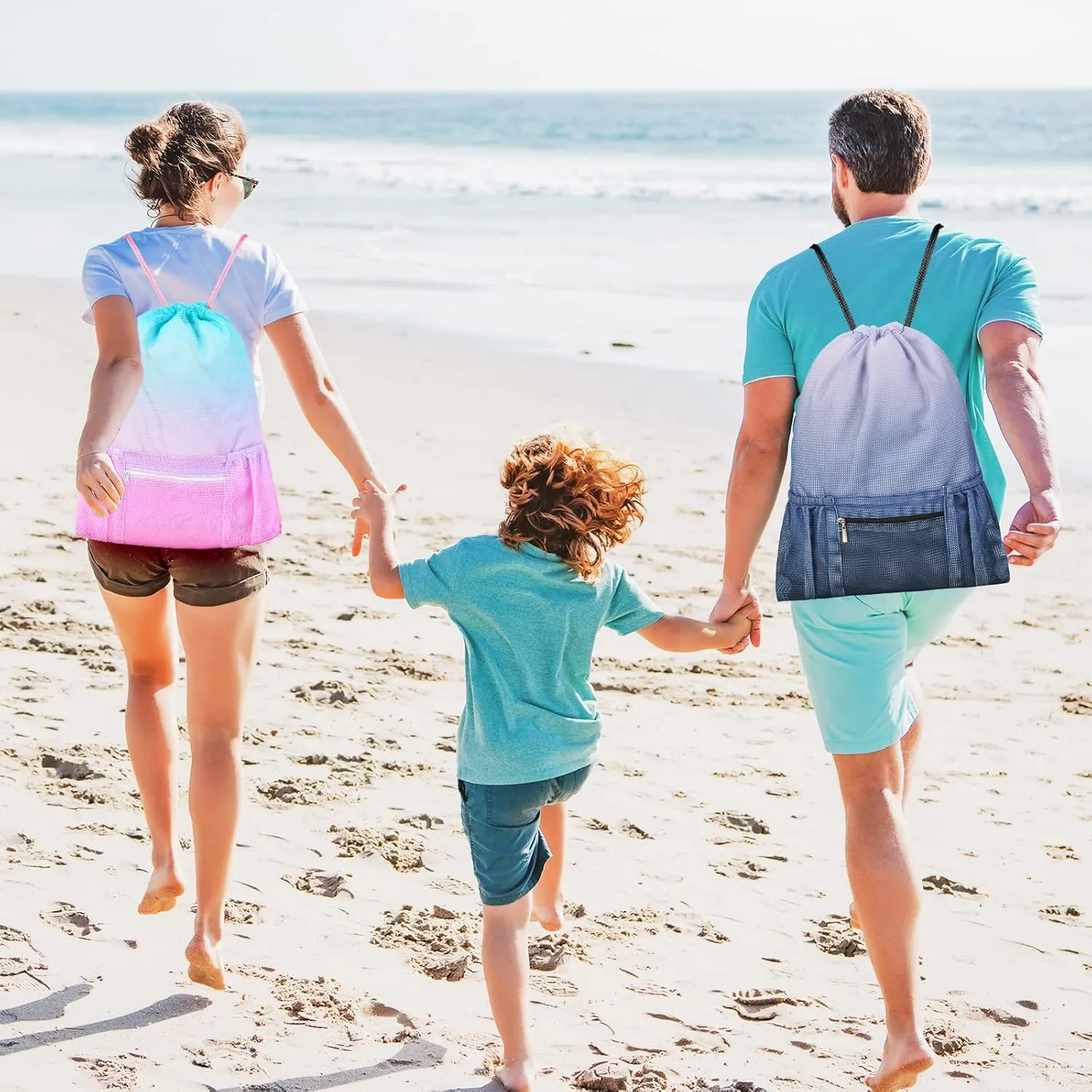 Nidoul Mesh Drawstring Bag with Zipper Pocket, Beach Bag for Swimming Gear Backpack Gym Storage Bag for Adult Kids (Pink Blue)