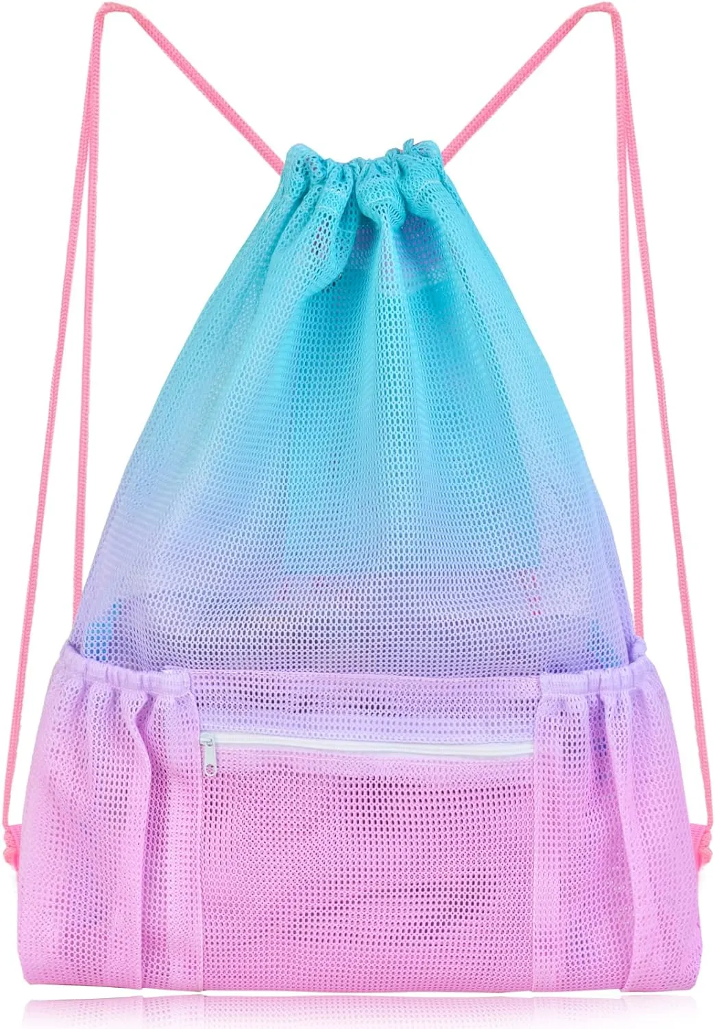 Nidoul Mesh Drawstring Bag with Zipper Pocket, Beach Bag for Swimming Gear Backpack Gym Storage Bag for Adult Kids (Pink Blue)