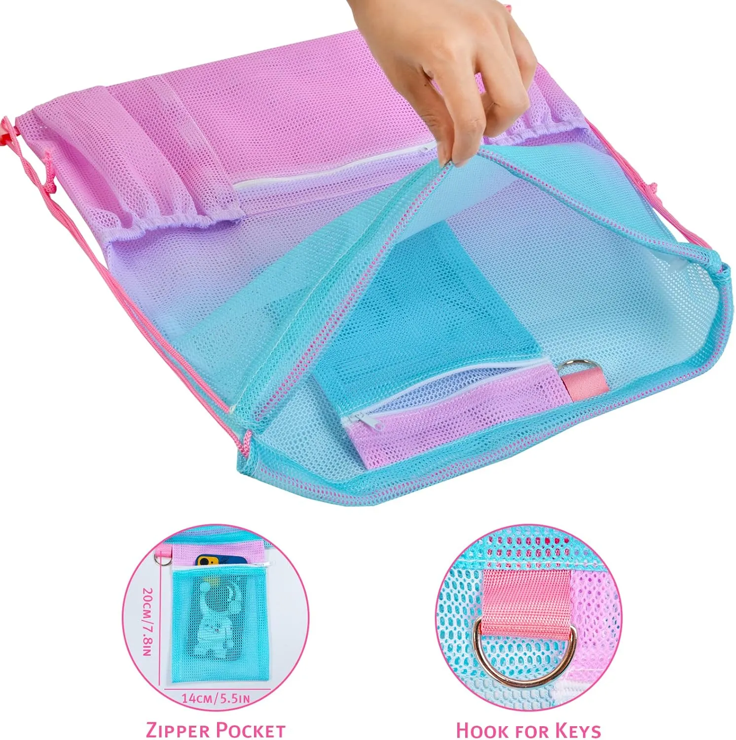 Nidoul Mesh Drawstring Bag with Zipper Pocket, Beach Bag for Swimming Gear Backpack Gym Storage Bag for Adult Kids (Pink Blue)
