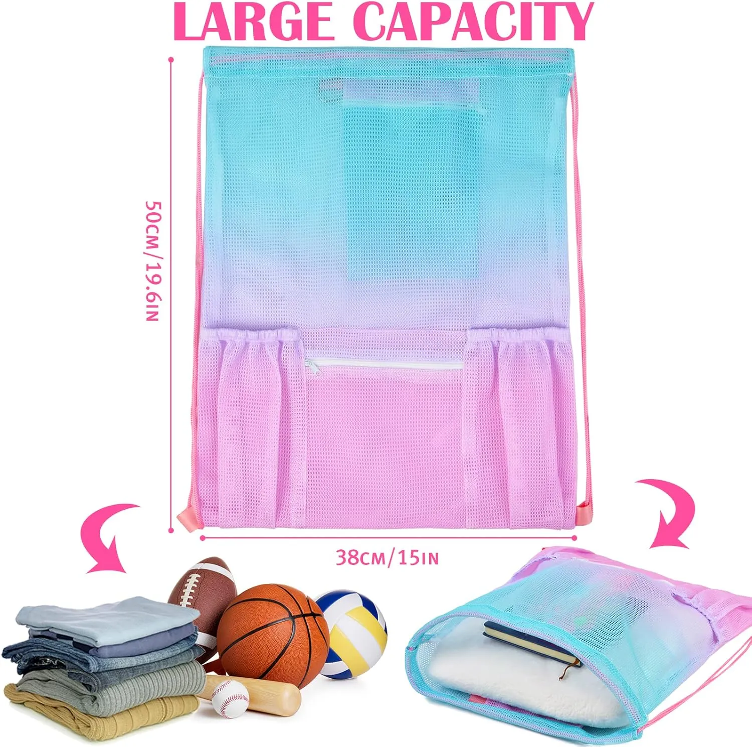 Nidoul Mesh Drawstring Bag with Zipper Pocket, Beach Bag for Swimming Gear Backpack Gym Storage Bag for Adult Kids (Pink Blue)